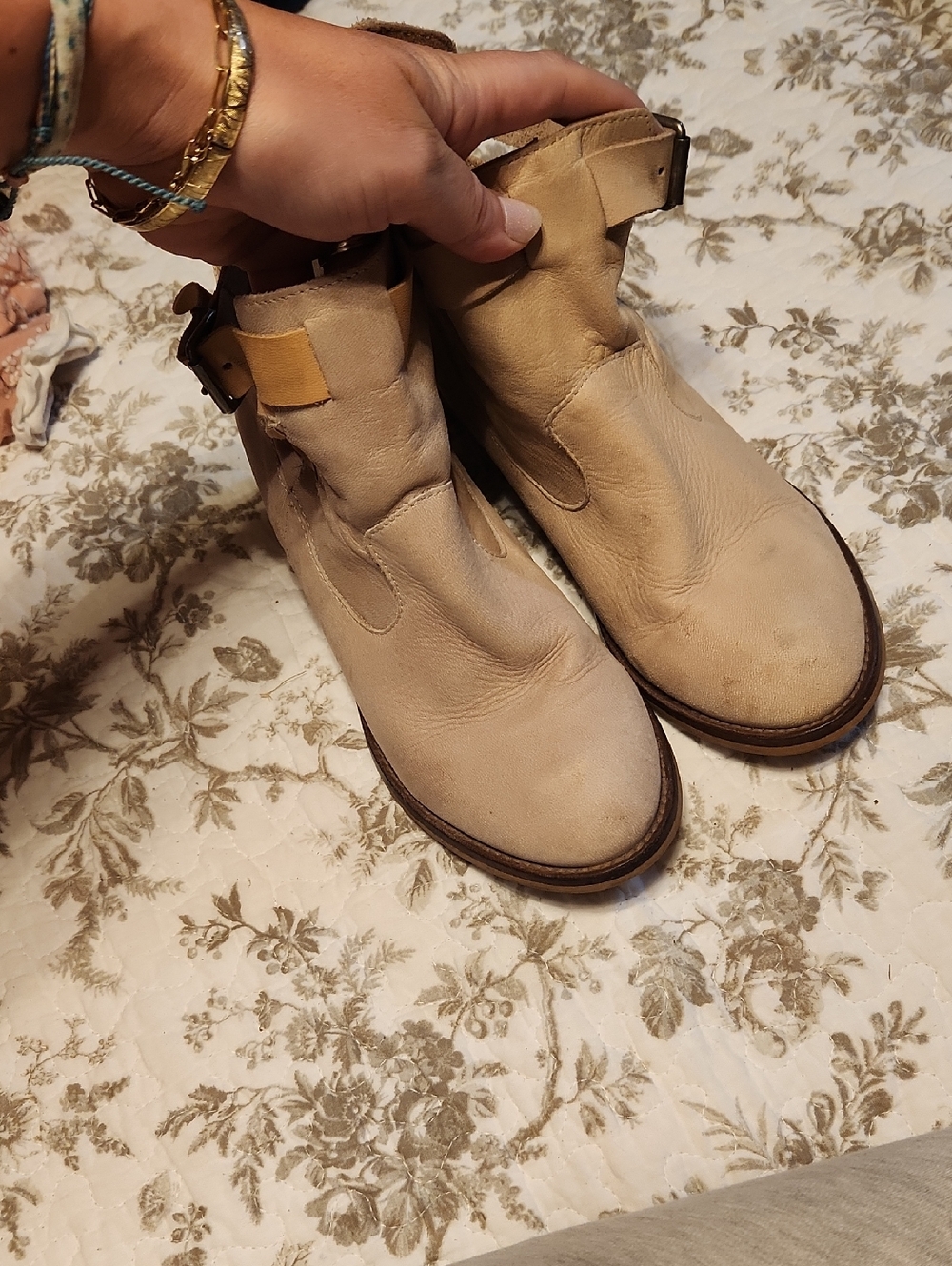 Cool Way Beige/Tan Leather Ankle Booties with Side Buckle